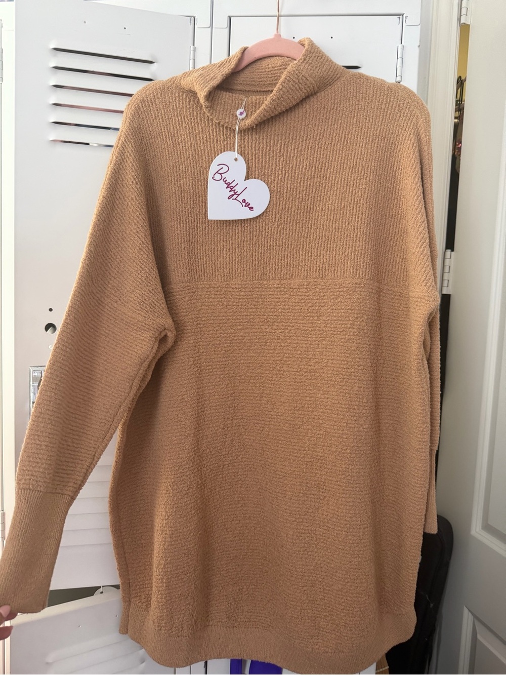 Buddy Love Camel Knit Cowl Neck Sweater Dress